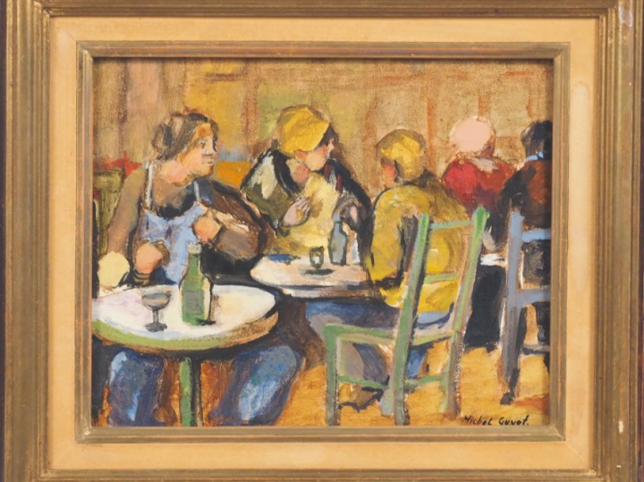 Michel GUYOT.  "Au café" Huile sur toile  signée en bas à droite Dim. 