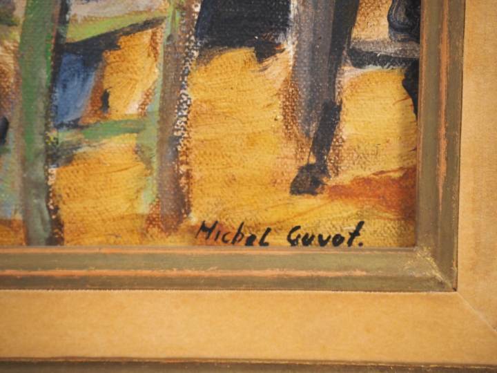 Michel GUYOT.  "Au café" Huile sur toile  signée en bas à droite Dim. 