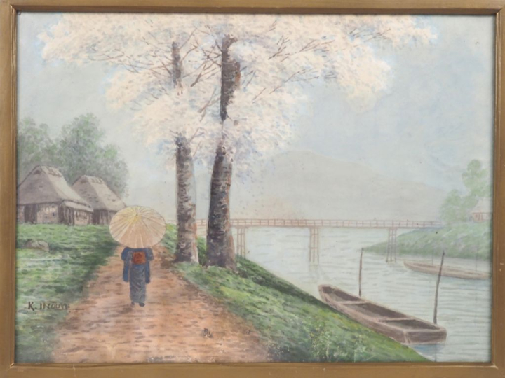 K. INOUYE. "Japonaise à l'ombrelle se promenant le long du fleuve" Aqu