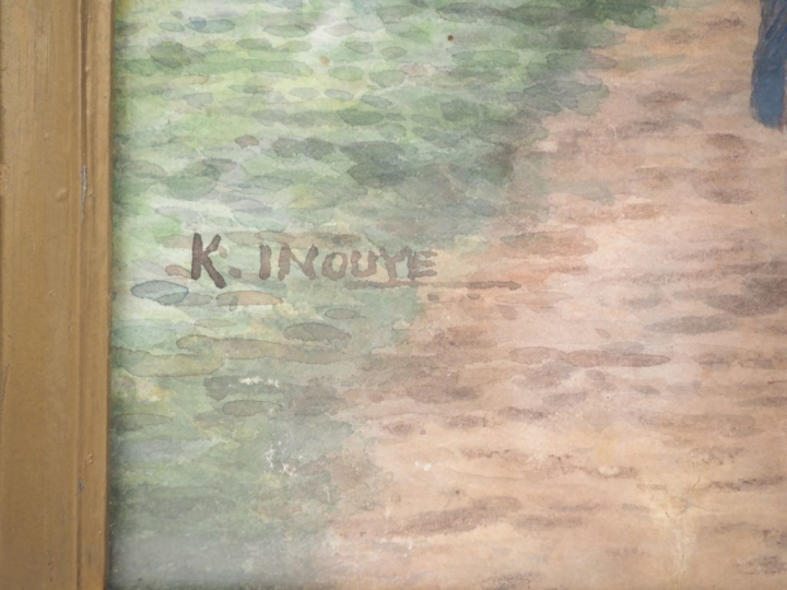 K. INOUYE. "Japonaise à l'ombrelle se promenant le long du fleuve" Aqu