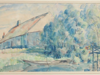 Vente aux enchères Jules JOUETS. "l'étang devant la ferme" Aquarelle, signée en bas à dro