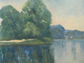 Vente aux enchères G. LEDOGARD.  "le Loing à Morey, le matin" Huile sur toile, signée en 