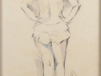 Vente aux enchères LEVY.  "jeune fille de dos" Dessin au crayon et à l'aquarelle signée e