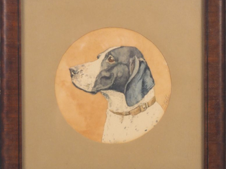 Vente aux enchères MALHER.  "Chien de chasse" Aquarelle en tondo Diam. 14 cm