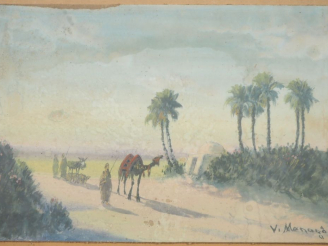 Vente aux enchères Vincent MANAGO.  "Bédouins près de l'Oasis" Gouache, signée en bas à d