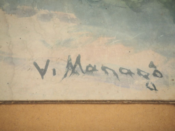 Vincent MANAGO.  "Bédouins près de l'Oasis" Gouache, signée en bas à d