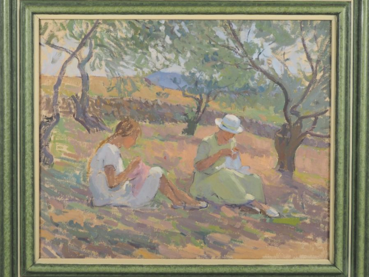 Henri MARRE.  "Jeunes filles tricotant sous les arbres en été" Huile s