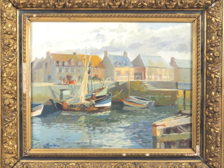 G. MAUDERC.  "le port de Courseulles dans le Calvados" Huile sur carto