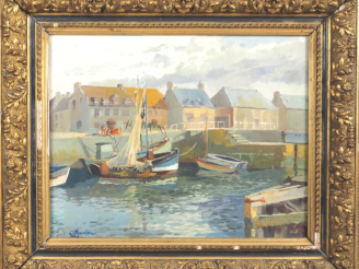 Vente aux enchères G. MAUDERC.  "le port de Courseulles dans le Calvados" Huile sur carto