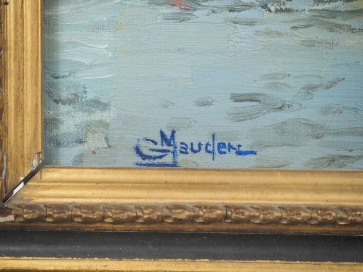 G. MAUDERC.  "le port de Courseulles dans le Calvados" Huile sur carto