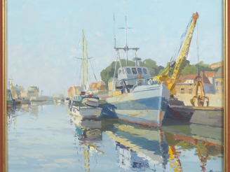 Vente aux enchères G. MAUDERC. "le port" Huile sur carton, signée en bas à droite  Dim. 3