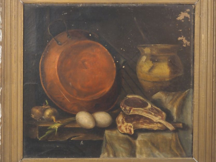 MENNI.  "nature morte" Huile sur toile, signée en bas à gauche Dim. 36