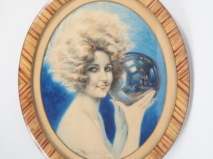 Maurice MILLIERE.  "la jeune fille à la boule de cristal" Aquarelle, s