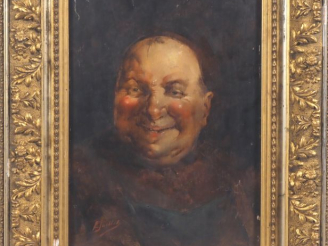 Vente aux enchères E. PAILLET.  "moine souriant" Huile sur panneau, signée en bas à gauch
