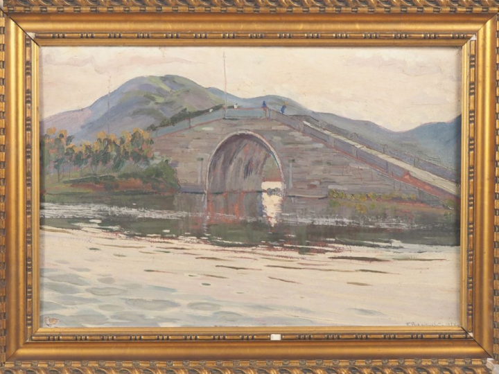 V. PODGORSKI (?).  "le pont de pierres" Huile sur carton, signée en ba