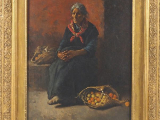 Vente aux enchères A. PARILLA.  "la vendeuse de fruits" Huile sur panneau, signée en bas 