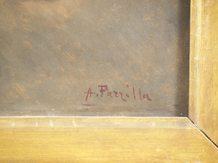 A. PARILLA.  "la vendeuse de fruits" Huile sur panneau, signée en bas 
