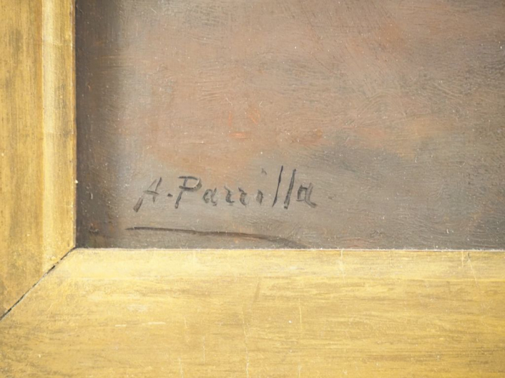 A. PARILLA. "le vieux pêcheur" Huile sur panneau, signée en bas à gauc