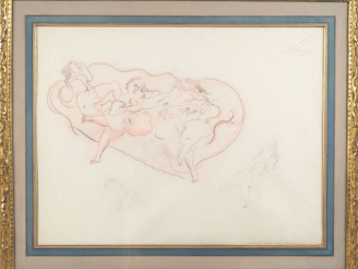 Vente aux enchères PASCIN.  "le canapé" Dessin au crayon et au pastel, porte au dos le ca
