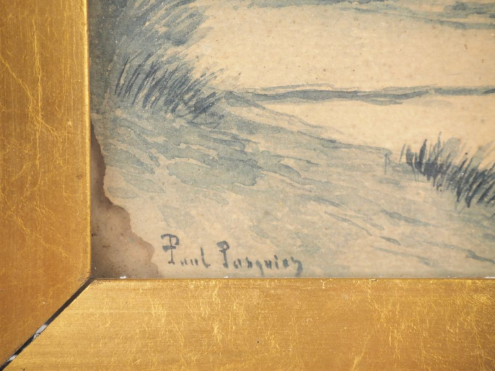 Paul PASQUIER.  "paysage lacustre"  Aquarelle, signée        (déchirée