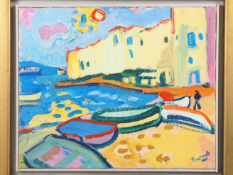 Vente aux enchères PENRAAT.  "Port méditérannéen" Huile sur toile, signée en bas à droite