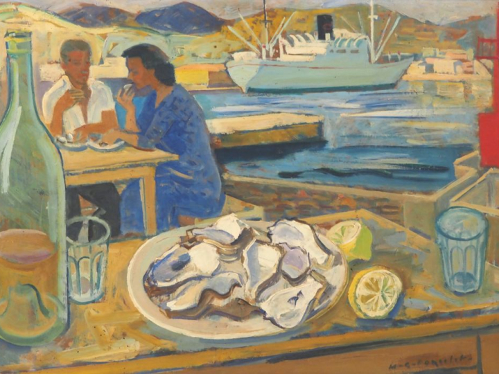 PONCELET.  "Dégustation d'huitres à Port Vendres" Huile sur isorel, si