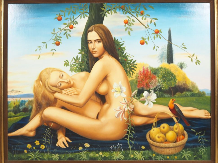 André QUELLIER.  "Blonde et brune" Huile sur toile, signée en bas à ga