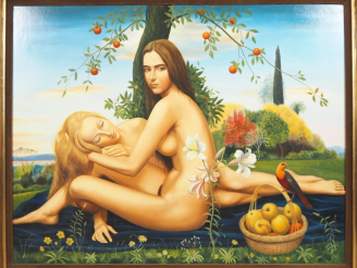Vente aux enchères André QUELLIER.  "Blonde et brune" Huile sur toile, signée en bas à ga