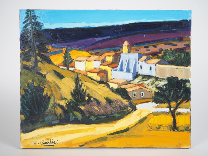 JC. QUILICI.  "le village d'Aurel" Huile sur toile, signée en bas à ga