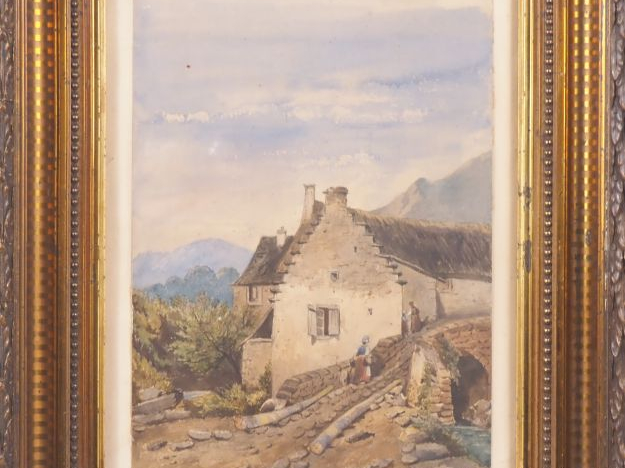 H. QUILLET.  "vue animée d'un village de montagne" Aquarelle, signée e