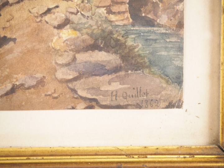 H. QUILLET.  "vue animée d'un village de montagne" Aquarelle, signée e