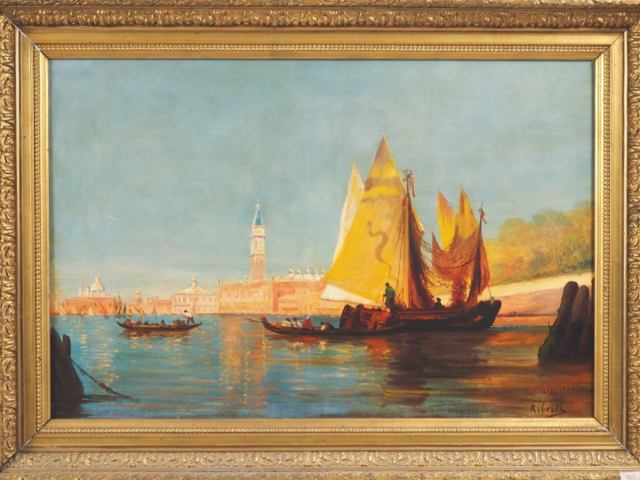 RIBERLI.  "Venise, le grand canal" Huile sur toile, signée en bas à dr