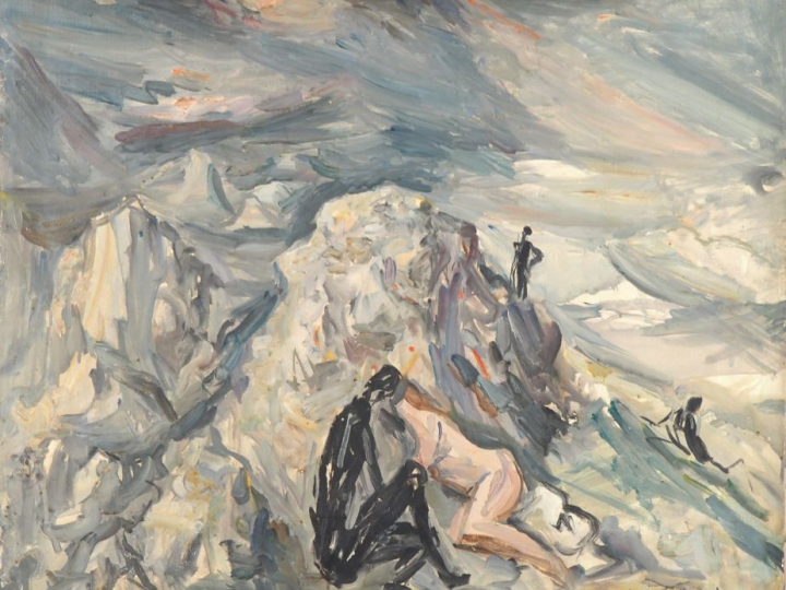 E. SABOURAUD.  "Couple dans un paysage fantastique" Huile sur toile, s