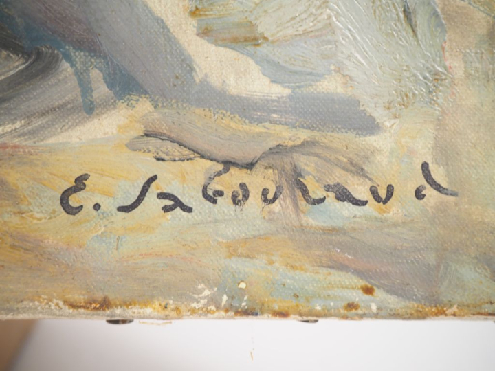 E. SABOURAUD.  "Couple dans un paysage fantastique" Huile sur toile, s
