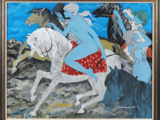 Vente aux enchères Daniel SCHINTONE.  "chevauchée" Huile sur toile, signée en bas à gauch