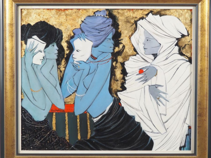 Daniel SCHINTONE.   "ou sont les masques" Huile sur toile, signée en b