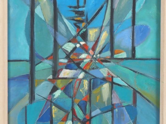 STARKMANN.  "Le pont suspendu" Huile sur panneau, signée en bas à gauc