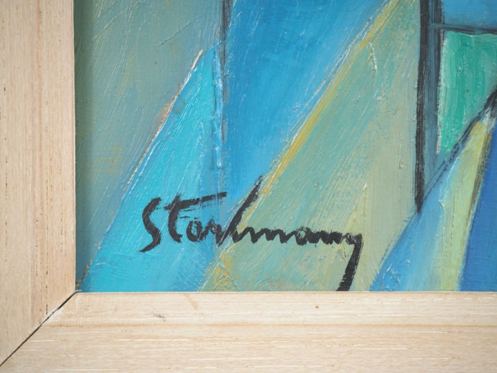 STARKMANN.  "Le pont suspendu" Huile sur panneau, signée en bas à gauc