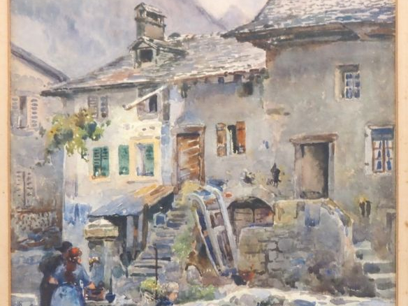 E. VILLAIN.  "A la fontaine du village" Aquarelle, signée en bas à gau