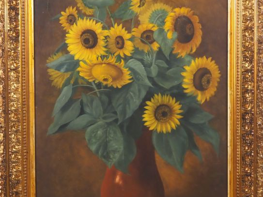 R. VINCENT.  "Le bouquet de tournesols"  Huile sur toile, signée en ba