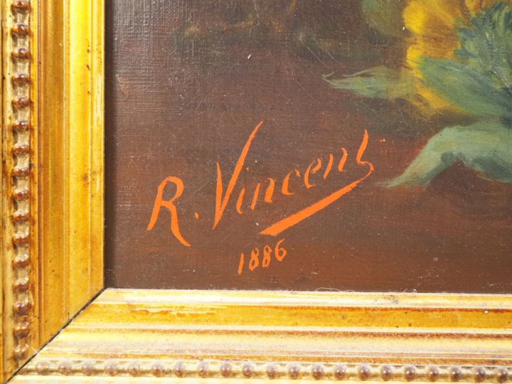 R. VINCENT.  "Le bouquet de tournesols"  Huile sur toile, signée en ba