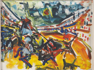 Vente aux enchères Ecole française XXème. "Tauromachie" Huile sur carton Dim. 26 x 34 cm