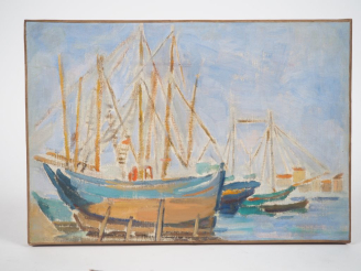 Vente aux enchères Ecole française XXème. "le port" Huile sur toile Dim. 24 x 35 cm