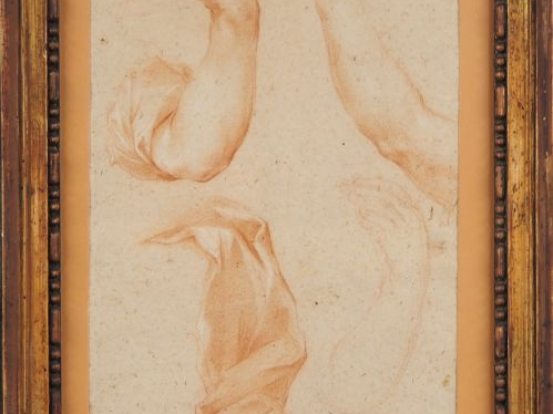 Ecole italienne XVIIème.  "Etude"  Dessin à la sanguine rehaussée de c