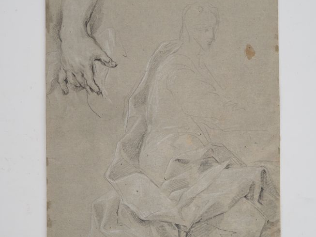 Ecole italienne XVIIème. "Etude" Dessin au fusain et rehauts de craie 