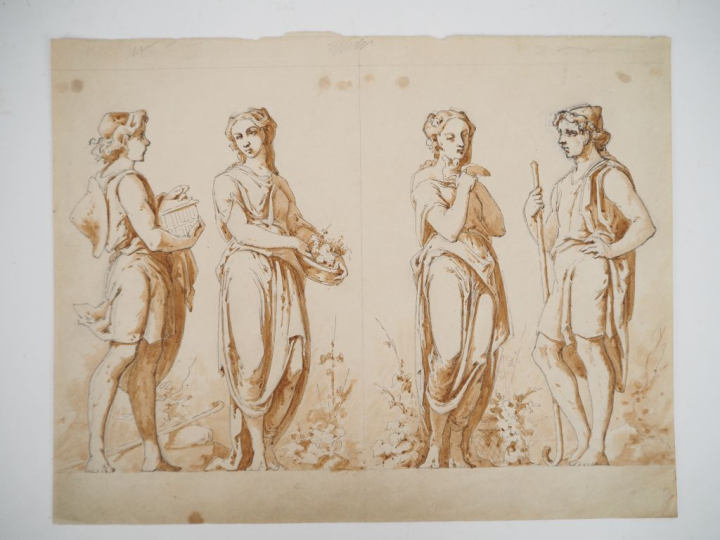 Ecole française XIXème. "Etude de personnages"  Deux dessins à la plum