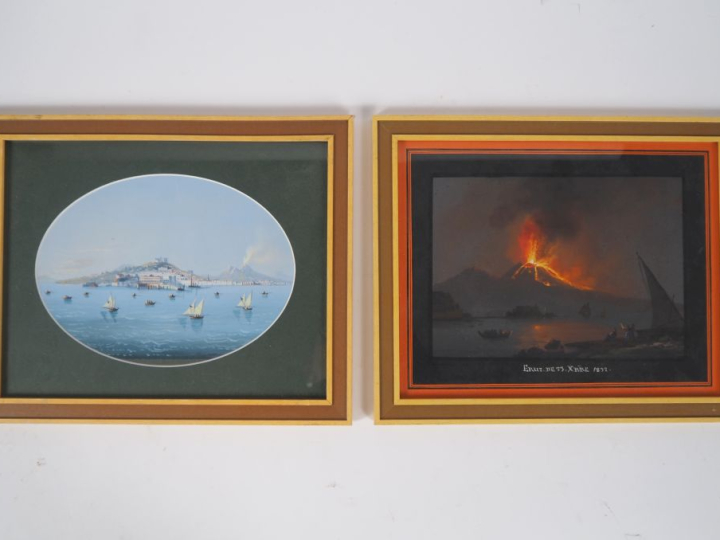 Ecole italienne XIXème. "la baie de Naples, vue de la mer" "l'éruption