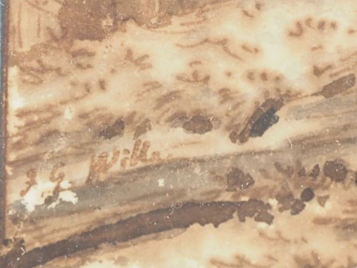 Jean Georges WILL.  "Personnages devant la chaumière" Dessin au lavis,