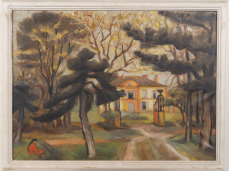 Vente aux enchères Ecole française XXème.  "jeune femme dans un parc" Huile sur toile  Di