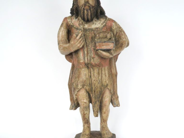 Sculpture XVIIIIème en bois polychrome "Saint personnage en pied". H. 